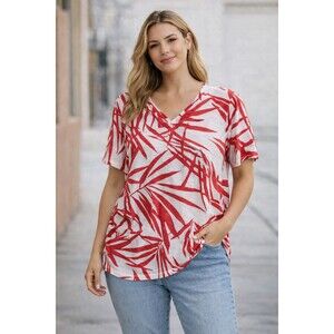 Chicos Palm Shadow T Shirt Top Medium Coral NWT